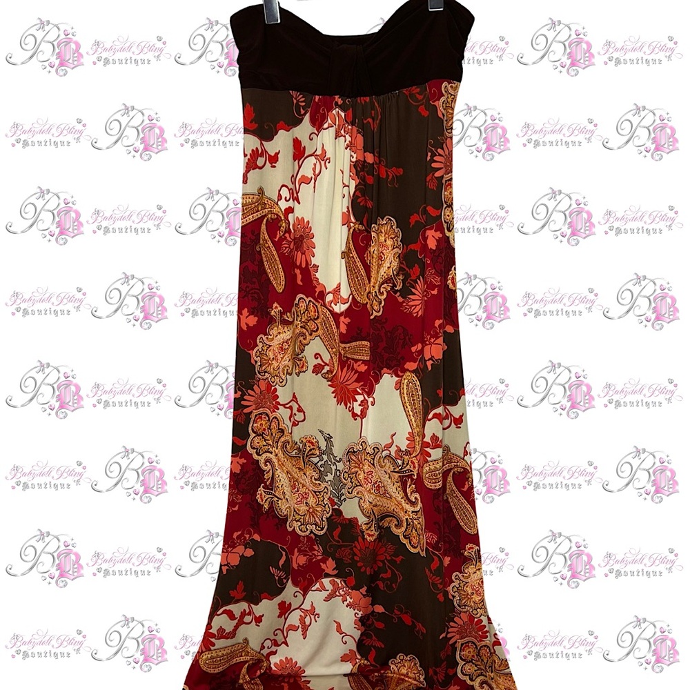 Janette Dress Paisley Strapless Brown Red Orange Cream Boho Long Maxi Stretchy
